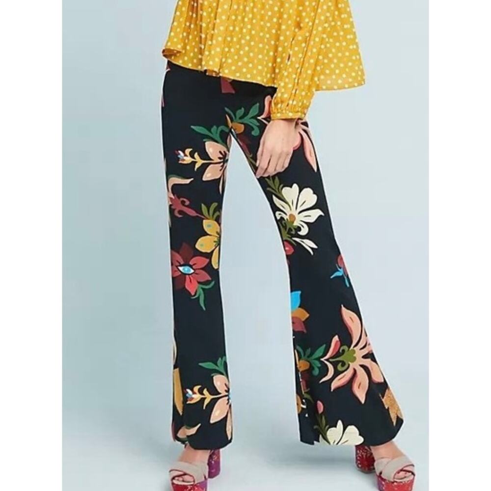 NEW! Farm Rio Calla Flared Retro Floral Pants S Black Motif Retro Boho $148